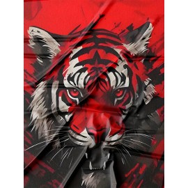 Men's Novelty Tiger Print T-Shirt - Red, Casual Crew Neck, Short Sleeve, Polyester Blend, Machine Washable, Bold Graphic Design
