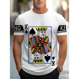 Men'S Royal King of Spades Graphic T-Shirt - White Casual Summer Tee with Black & White Crown Design, Short Sleeve, Round Neck, Polyester Blend, Perfect for Casual Attire & Parties, Party Fashion Top | Bold Print Tee | Stretchable Fabric, Knit