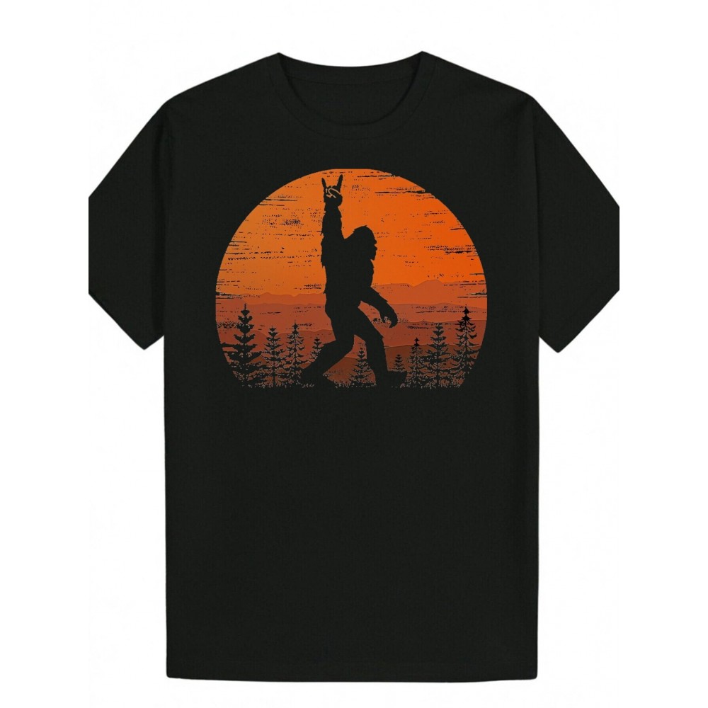 [1pc Funny Graphic T-Shirt] 1pc Men'S Casual Summer T-Shirt, Black Polyester Knit with Silhouette Graphic, Round Neck, Short Sleeve, Breathable Fabric, Regular Fit - Humorous Vintage Style Gift for Men