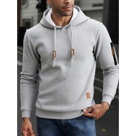 3pcs Men's Casual Waffle Knit Jacquard Hoodie Set - Long Sleeve Pullover with Side Zipper Detail, Perfect for Daily Commute, Outdoor Sports, and Beach Vacations