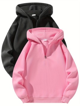 [Sporty Sweatshirts] 2pcs Sporty Comfortable Fleece-Lined Half-Zip Hooded Sweatshirts | Unisex Regular Fit Polyester Pullovers with Zippered Pockets for Gym, Casual & Lounge Wear, Machine Washable, Soft Knit Texture, Heather Grey & Black