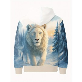 [3D White Lion Hoodie] 3D Snow Forest White Lion Hoodie for Men | Animal Print Pullover with Drawstring Hood and Pocket, Long Sleeves - Casual Autumn Winter Streetwear, Nature Wildlife Sweatshirt