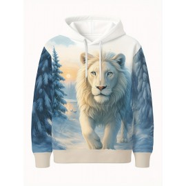 [3D White Lion Hoodie] 3D Snow Forest White Lion Hoodie for Men | Animal Print Pullover with Drawstring Hood and Pocket, Long Sleeves - Casual Autumn Winter Streetwear, Nature Wildlife Sweatshirt