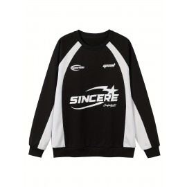 [Stylish Raglan Pullover for Spring] Men's Casual Letter Print Pullover - Stylish Long Sleeve T-Shirt with Raglan Design, Perfect for Spring & Fall