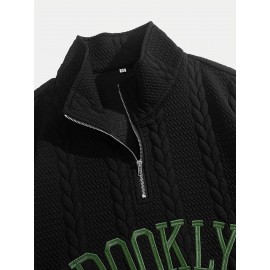 Jacquard Preppy Collared Neck Long Sleeve Embroidered Loose Fit Regular Length Knit Fabric Hoodie