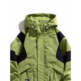 Men's Heavy-Duty Jacket - Full-Zip Windbreaker Coat with Hood, Black/White colorblock, Loose Fit Workwear Jacket for Outdoor, Casual, Everyday Use - Size XL (Machine Washable)