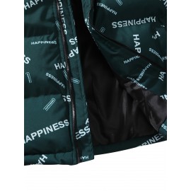 [Windproof Jacket] Warm & Stylish Men's Thick Windproof Hooded Jacket | Large Pockets & Drawstring, Black Polyester, Casual Letter Print Versatile Outerwear, Durable Outerwear