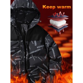 [Windproof Jacket] Warm & Stylish Men's Thick Windproof Hooded Jacket | Large Pockets & Drawstring, Black Polyester, Casual Letter Print Versatile Outerwear, Durable Outerwear