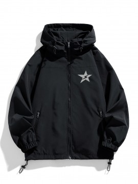 Men'S Casual Hooded Windbreaker Jacket with Star Design - Black, Long Sleeve, Zippered, Polyester Lining, Casual Outdoor Wear for Spring and Fall, Casual Outerwear | Star Print Jacket | Adjustable Hood, Essential Jacket