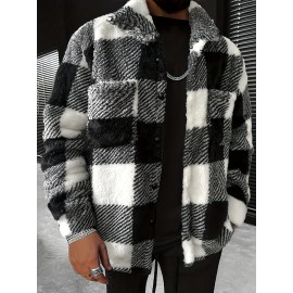 Men'S Cozy Plaid Fleece Jacket - Black & White Checkered Pattern, Loose Fit Winter Coat with Button Front, Long Sleeves, and Fluffy Lining for Fall/Winter, Winter Coat