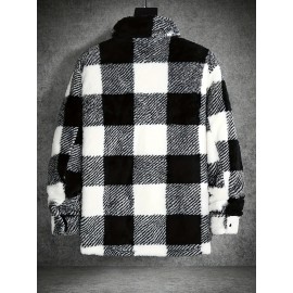 Men'S Cozy Plaid Fleece Jacket - Black & White Checkered Pattern, Loose Fit Winter Coat with Button Front, Long Sleeves, and Fluffy Lining for Fall/Winter, Winter Coat