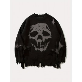 ANDREILEE Unisex Skull Print Crew Neck Sweater, Street Style Acrylic Blend, Loose Fit, Long Sleeve, Ripped Tassel Detail, Knit Pullovers for Fall/Winter