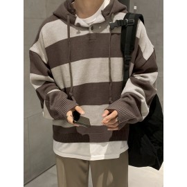 [Oversized Hooded Sweatshirt] Oversized Color-Block Hooded Sweatshirt for Men | Soft Stretch Knit Pullover with Drawstring Hood, Casual Loose Fit Long Sleeve for Autumn Winter