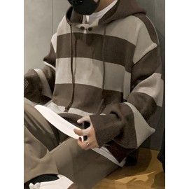 [Oversized Hooded Sweatshirt] Oversized Color-Block Hooded Sweatshirt for Men | Soft Stretch Knit Pullover with Drawstring Hood, Casual Loose Fit Long Sleeve for Autumn Winter