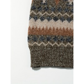 Men's Casual Color-Block Geometric Knit Sweater - Loose Fit Ribbed Detail Pullover, Machine Washable Autumn Winter Warm Crewneck Sweater for Casual Attire, Knitted Sweater, Durable Winter Wear