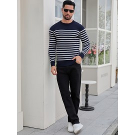 Men'S Casual Striped Knit Sweater - Navy & Vertical Stripes, Long Sleeve Crew Neck, Medium Stretch, Regular Fit for Spring/Fall, Versatile Layering Piece, Spring Fall Apparel | Classic Striped Design | Medium Stretch Fabric