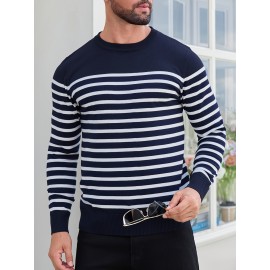 Men'S Casual Striped Knit Sweater - Navy & Vertical Stripes, Long Sleeve Crew Neck, Medium Stretch, Regular Fit for Spring/Fall, Versatile Layering Piece, Spring Fall Apparel | Classic Striped Design | Medium Stretch Fabric