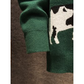 Cozy Fall | Cozy Fall Cow Print Sweater for Men - Casual Long Sleeve, Thick Knit, Acrylic, Crew Neck, Green & Blue Design with Black and White Cow, Perfect for Fall/Winter, Fall Winter Apparel | Playful Design | Acrylic Knitwear