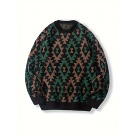 Men's Casual Geometric Pattern Knit Sweater - Asymmetrical Design, Machine Washable, Round Neck, Regular Fit for Autumn/Winter, Brown/Red/Black/White/Gray, Knit Sweater, Winter Warm Top, Autumn Fashion, Relaxed Fashion, Comfortable Wear, Durable Fabric