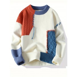 Men'S Cozy Color-Block Knit Sweater - Soft, Warm, and Stylish Crew Neck Pullover with Braided Detail, Perfect for Fall and Winter, Casual Knitwear|Chunky Knit Sweater|Soft Knit Fabric, Thick