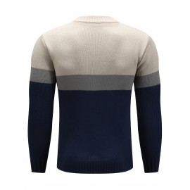 Beige/Blue/Gray/Black/White Men's Thick Winter Knit Sweater - Color Block Stripes, Round Neck Half-Zip Button Detail, Medium Stretch Casual Retro Style Regular Fit Long Sleeve Pullover for Casual Attire, Knit Sweater, Comfortable Fit