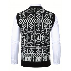 [Casual Cardigan Vest] Casual Color Block Men's Plaid Knit Cardigan Vest | Sleeveless, Regular Fit, V-Neck with Buttons - for Spring/Fall