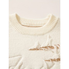 Unisex Street Style Knit Sweater, Fall/Winter Crew Neck Long Sleeve Pullover with Alphabet Print, Ripped Fringe Detail, Loose Fit, 42% Acrylic 28% Polyamide 30% Polyester Knit Fabric