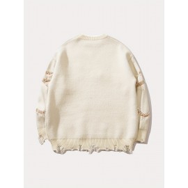 Unisex Street Style Knit Sweater, Fall/Winter Crew Neck Long Sleeve Pullover with Alphabet Print, Ripped Fringe Detail, Loose Fit, 42% Acrylic 28% Polyamide 30% Polyester Knit Fabric