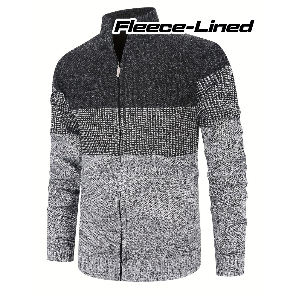 Men's Knitted High Collar Zip-Up Striped Casual Fleece-Lined Thick Sweater