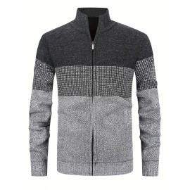 Men's Knitted High Collar Zip-Up Striped Casual Fleece-Lined Thick Sweater