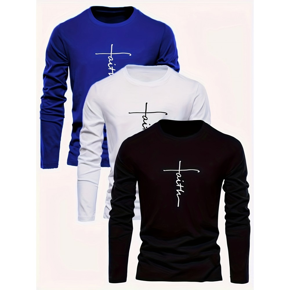3pcs faith letter print new Men's round neck long-sleeved T-shirt casual sports breathable top multi-pack autumn and winter Men's clothing comfortable loose fashion street trendy warm sweater set as a gift suitable for outdoor sports