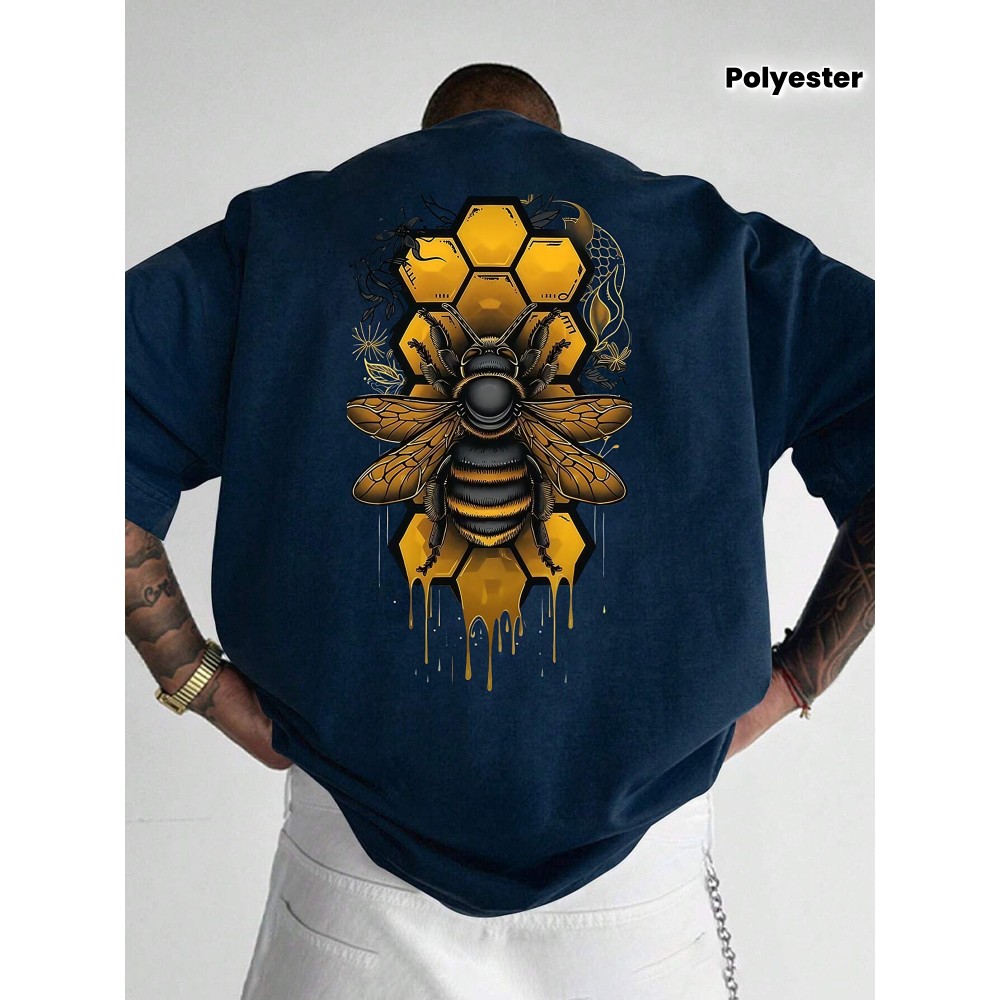 Men's Casual Short Sleeve T-Shirt - 100% Polyester Relaxed Fit Bee Print Graphic Tee with Honeycomb & Dripping Wax Design, Small Round Neck Summer Outdoor Top for Men, Durable Fabric Shirt