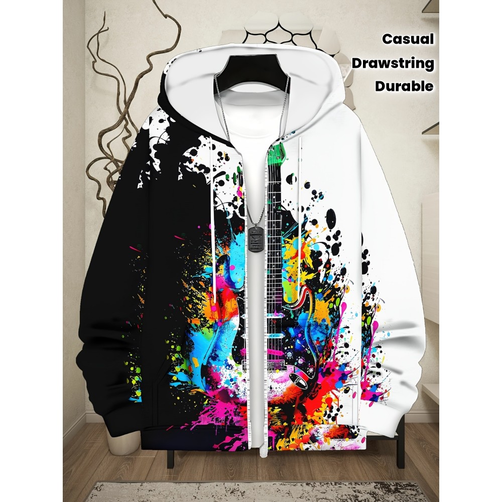 Men'S Vibrant Guitar Print Hoodie - Long Sleeve Zip-Up Sweatshirt with Drawstring & Pockets, Casual Outdoor Fall/Winter Jacket, Black with Colorful Splatter Design, Music Lover Apparel | Hooded Sweatshirt | Durable Fabric