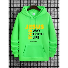 Men's Jesus The Way Truth Life John 14:6 Scripture Hoodie - Brown with Bold Yellow Lettering, Casual Pullover Hooded Sweatshirt, Regular Fit Autumn Winter Comfortable Religious Apparel