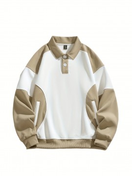 [NASAOVER Long Sleeve Shirt] Men's NASAOVER Colorblock Long Sleeve Shirt - Casual Loose Fit, Two-Tone Black/Beige, Button Detail, Ideal for Spring & Summer Outdoor Activities