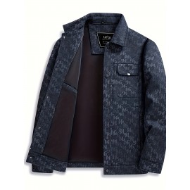 Men's Navy Blue Bomber Jacket with White Camo & Chest Pocket - Short Single-Breasted Casual & Business-Casual Coat, Collar, Button-Front Door, (No-Fill) for Fall/Spring Outerwear