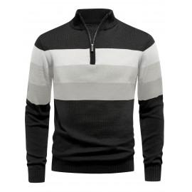 Men's Slim-Fit Casual Soft Commuter Knit Sweater - High Neck Long Sleeve with 1/4 Zipper, Navy & Light Grey Color Block Design for Autumn/Winter, Office & Casual Wear, Knitted Sweater, Comfortable Winter Wear